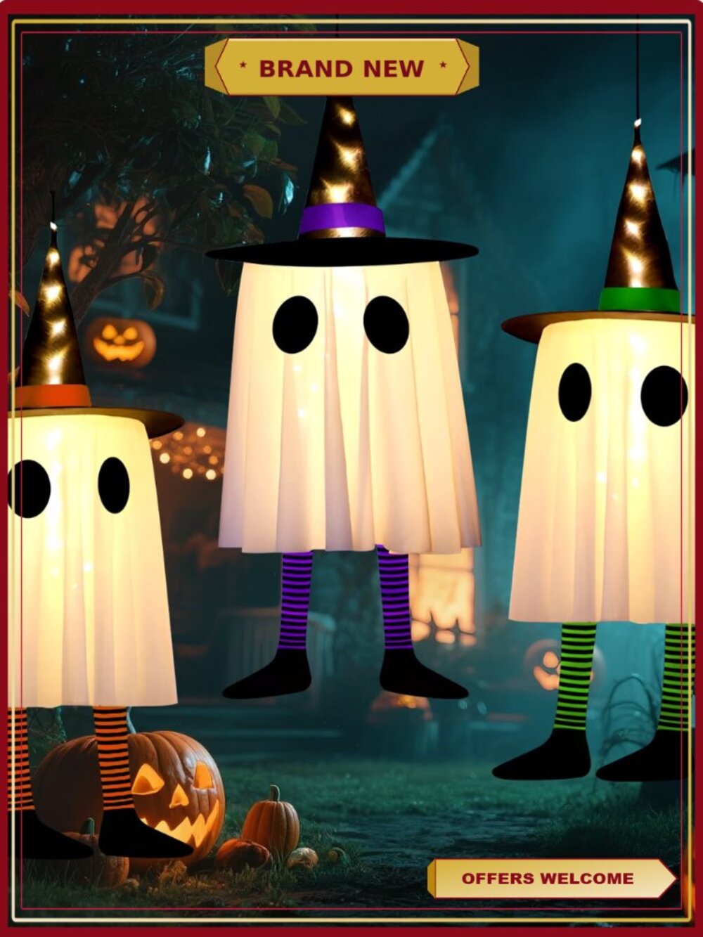 Qoosea 3 Pack Halloween LED Hanging Lights Witch Hat Ghost Decor